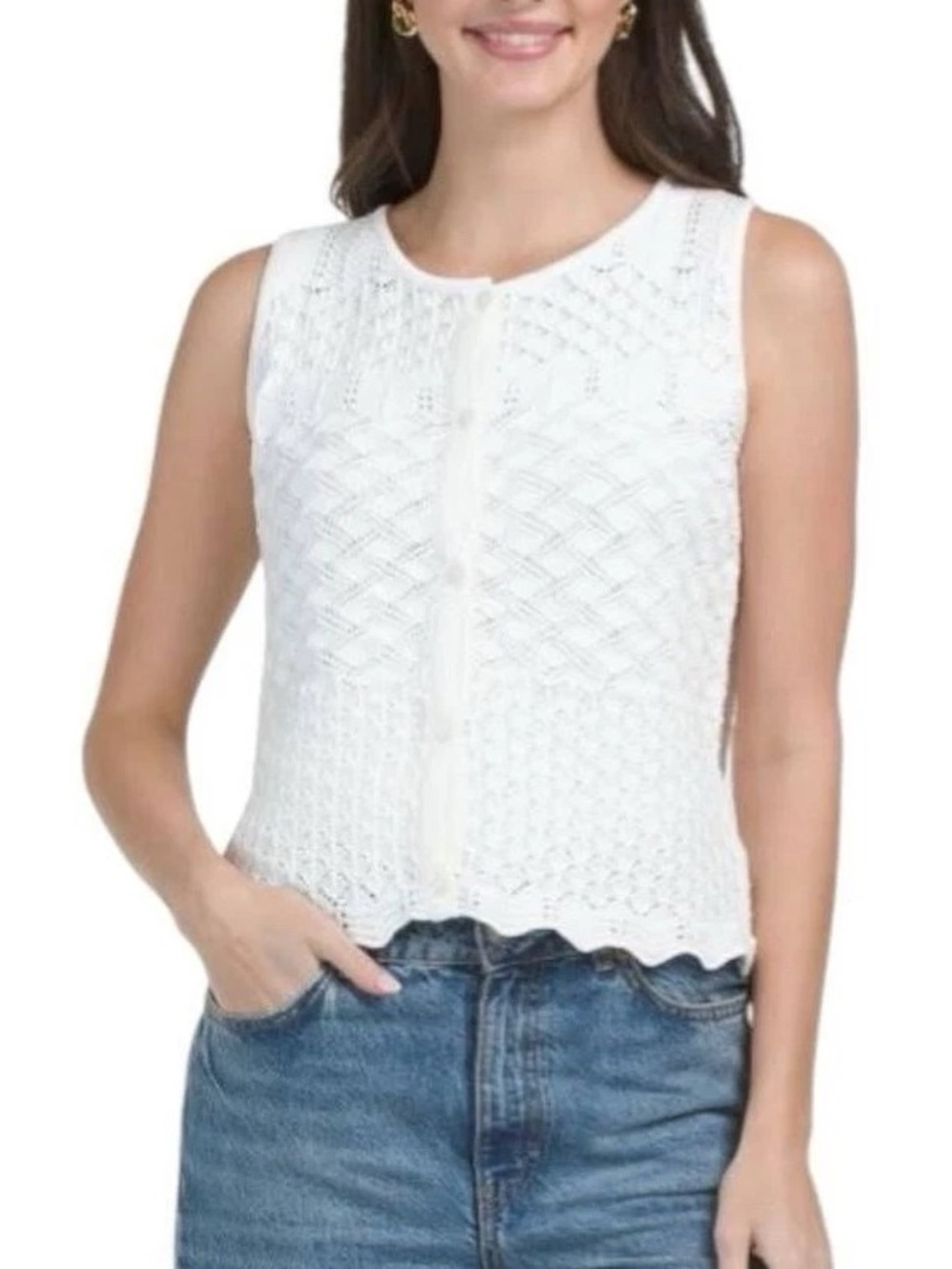 Ellie Tahari Sleeveless White Knit Button-Front Top